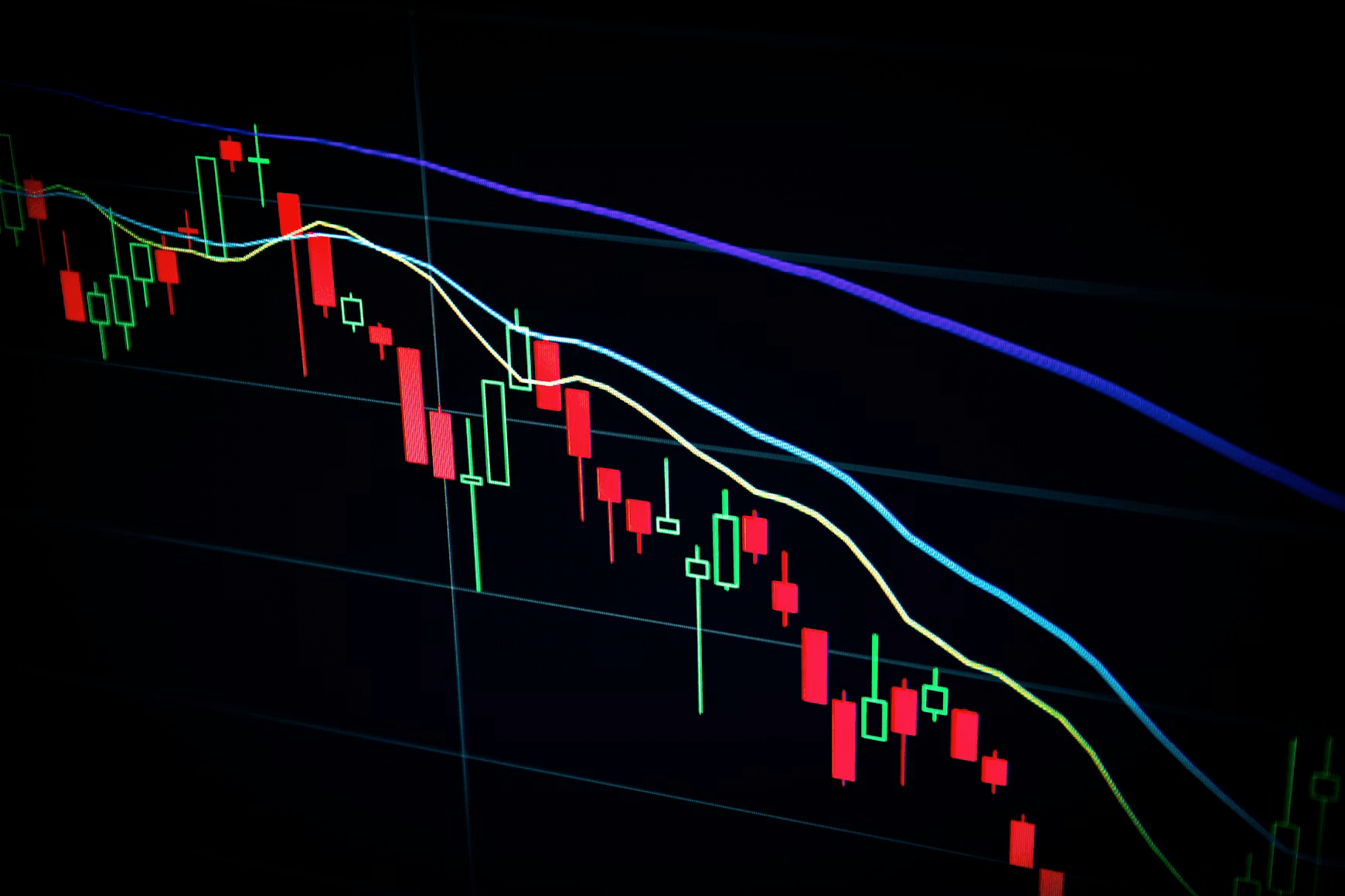 A financial market chart with candlesticks and trend lines on a dark display