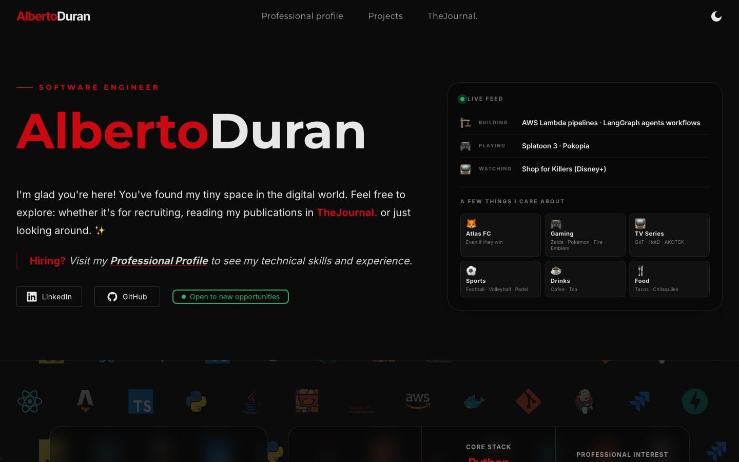 The albertoduran.com home page with the hero and live feed panel