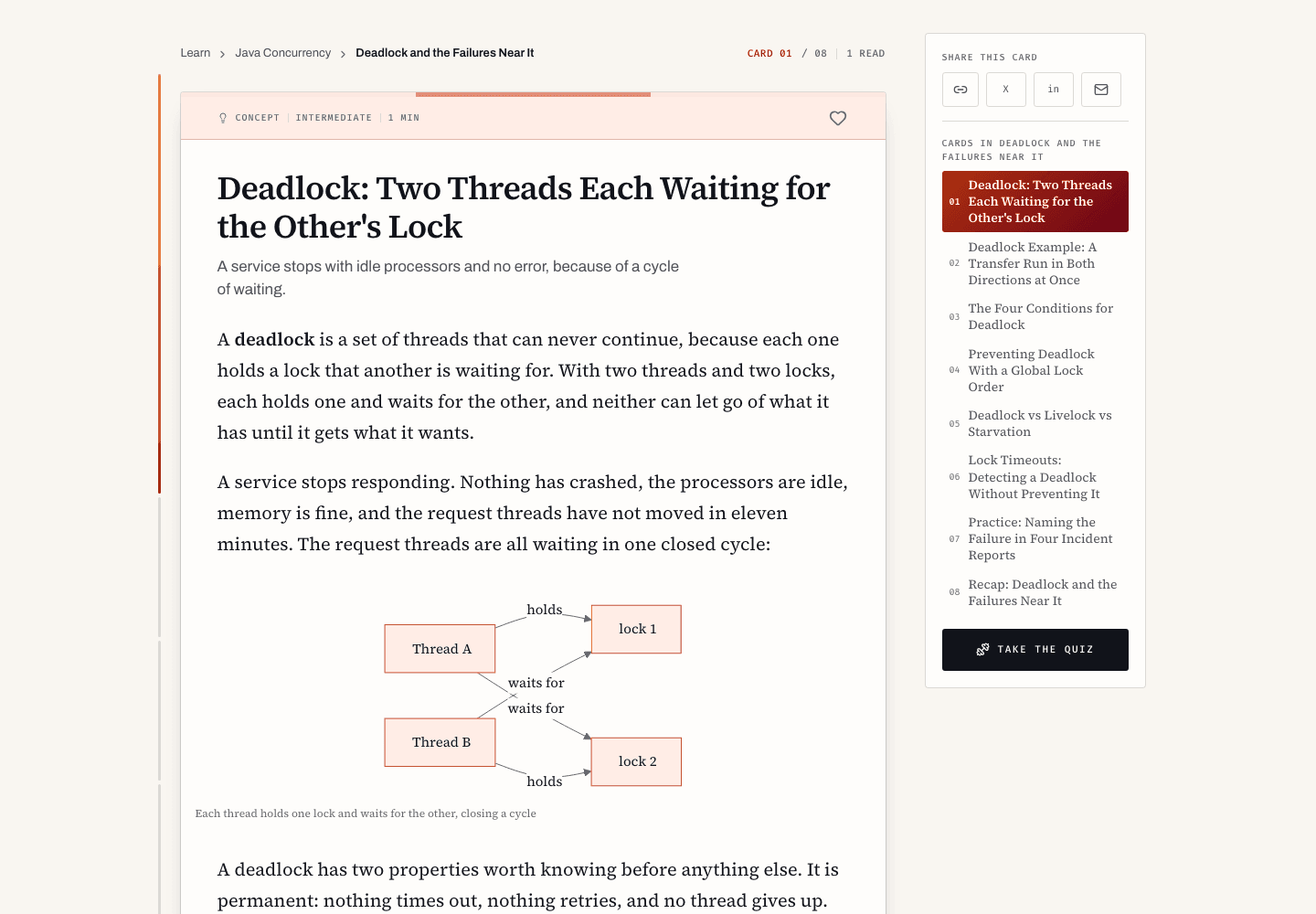 A Ravnary card explaining deadlocks with a thread and lock diagram