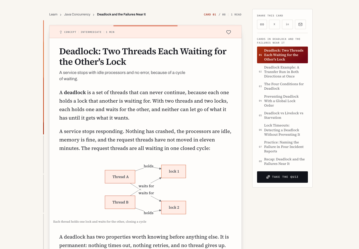A concept card on deadlock with a diagram of two threads, each holding one lock and waiting for the other, and the topic's card list beside it