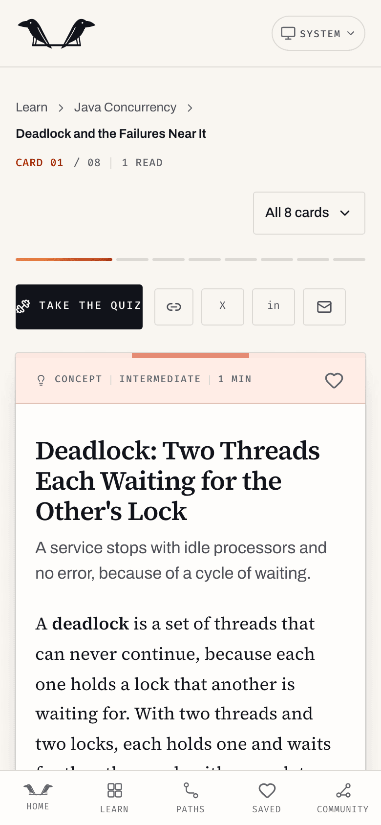 The same card on a phone, with one progress segment per card and a bottom navigation bar