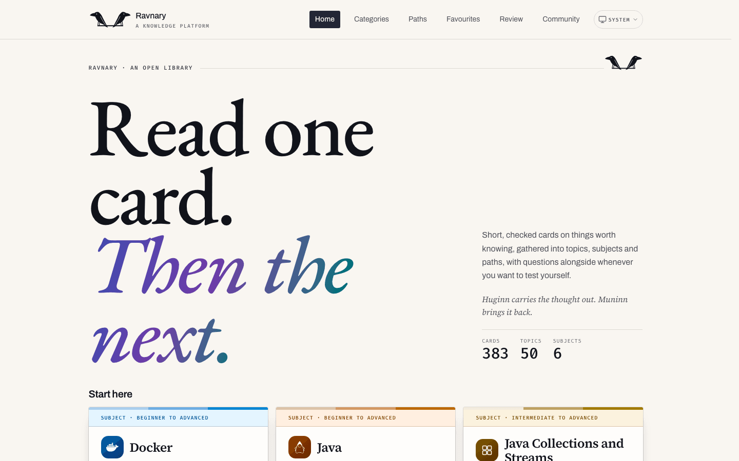 Ravnary home page with the headline Read one card. Then the next, and the library counts beside it