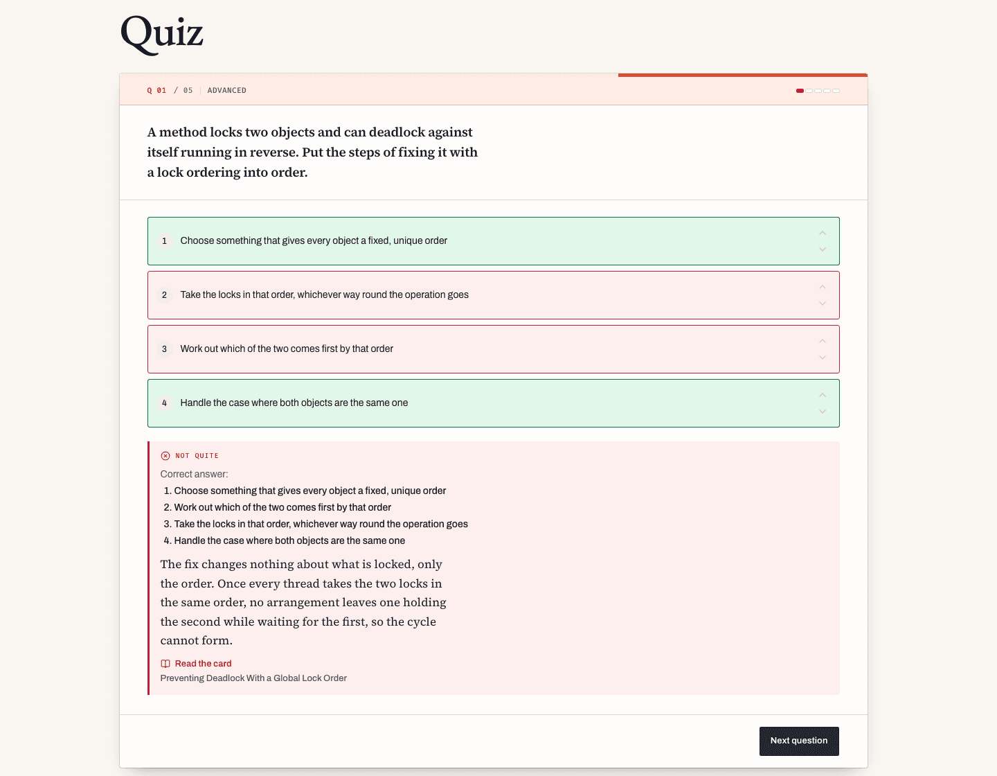A Ravnary quiz question showing the explanation after answering