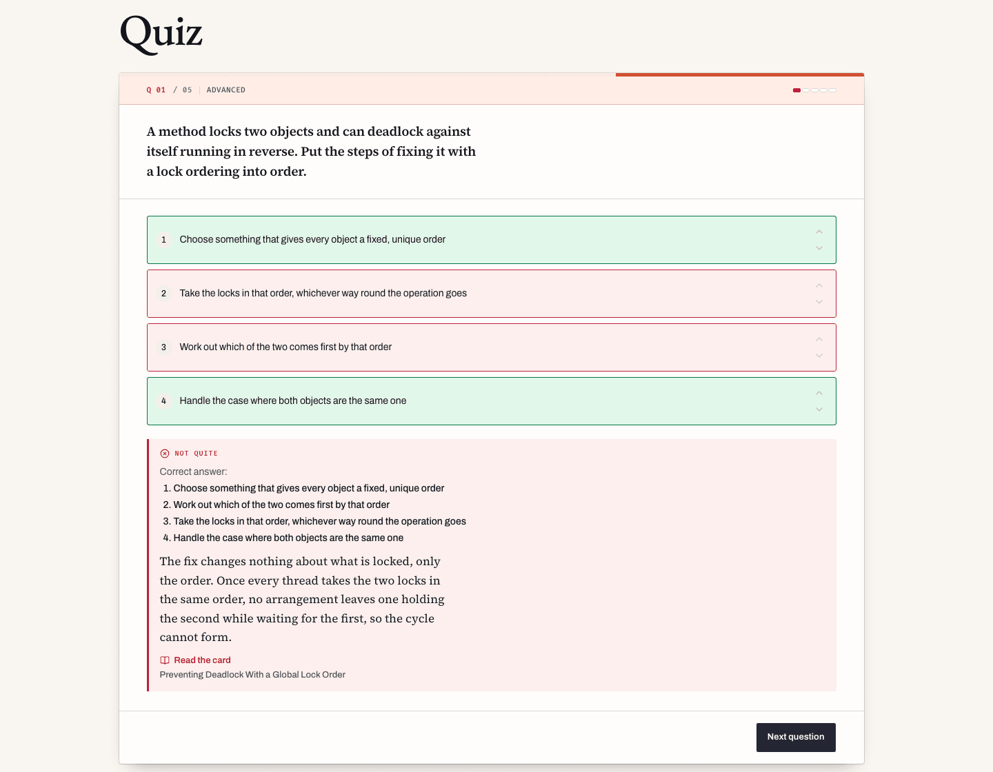 An ordered steps question after checking, with the verdict Not quite, the correct order, an explanation, and a link to the card that teaches it