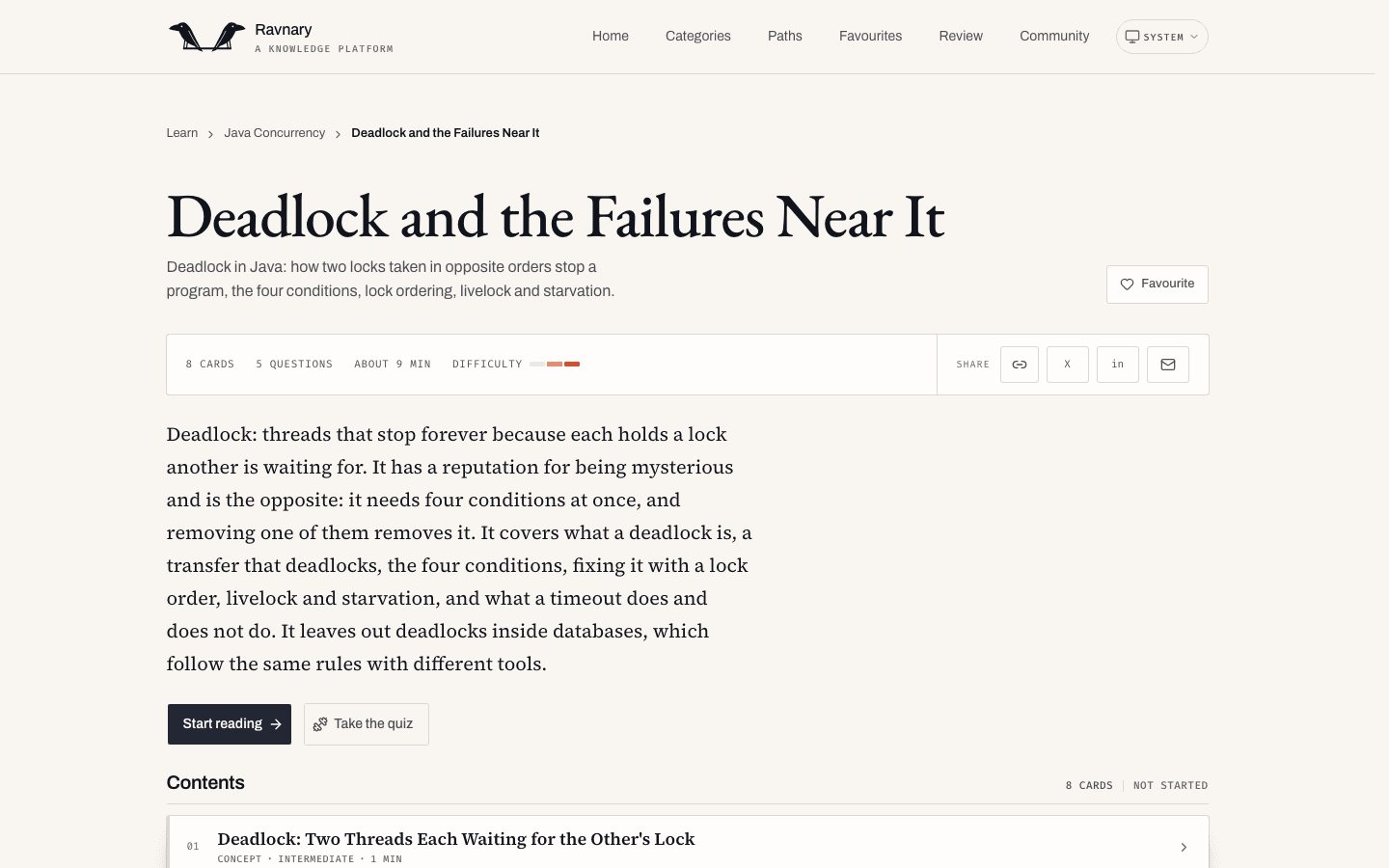 Topic page for Deadlock and the Failures Near It, with card and question counts, difficulty, and a Start reading button