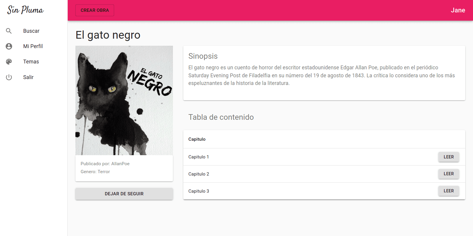 Sin Pluma page for El gato negro with its synopsis and chapter list