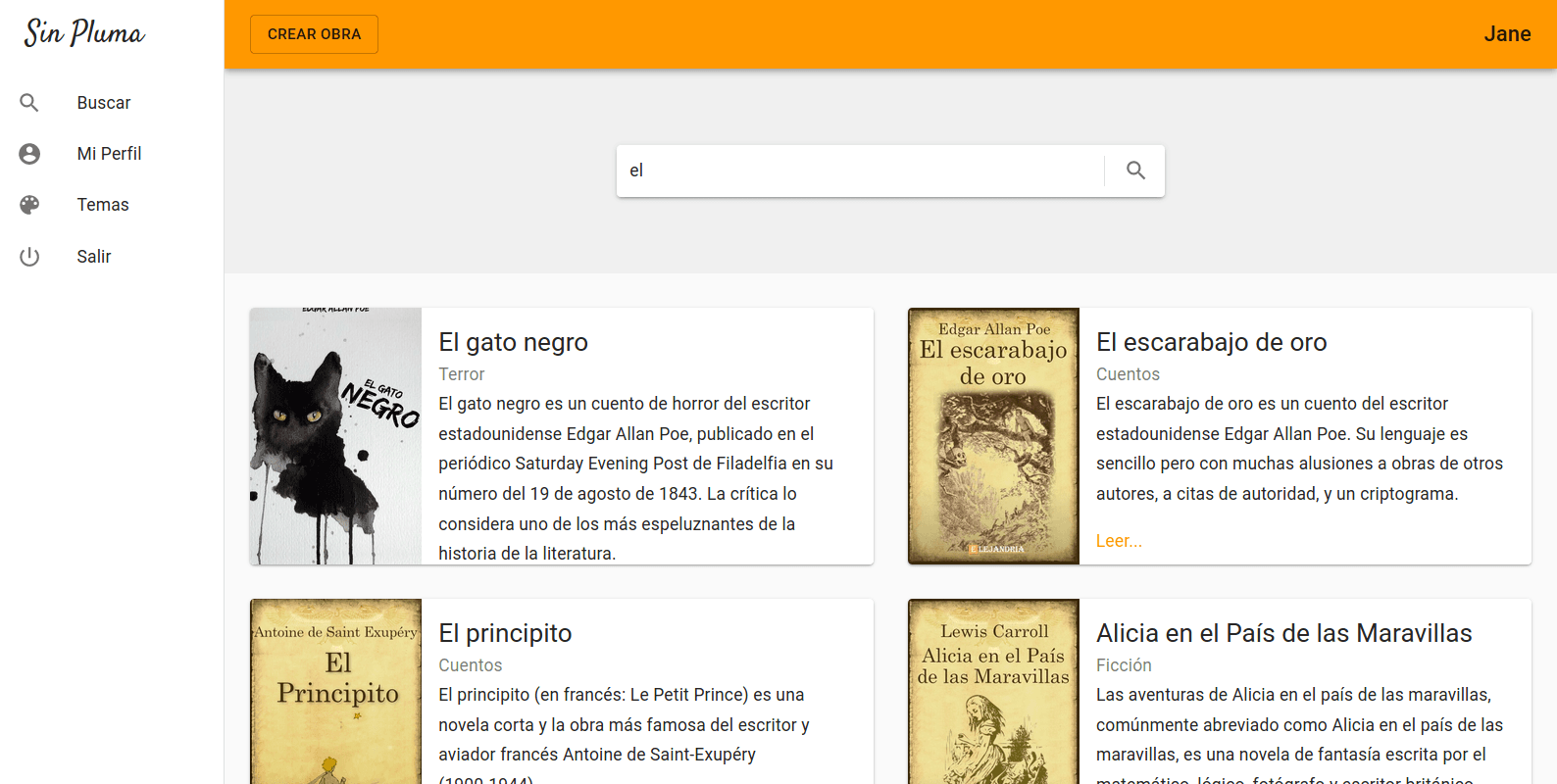 Sin Pluma search results showing several published works