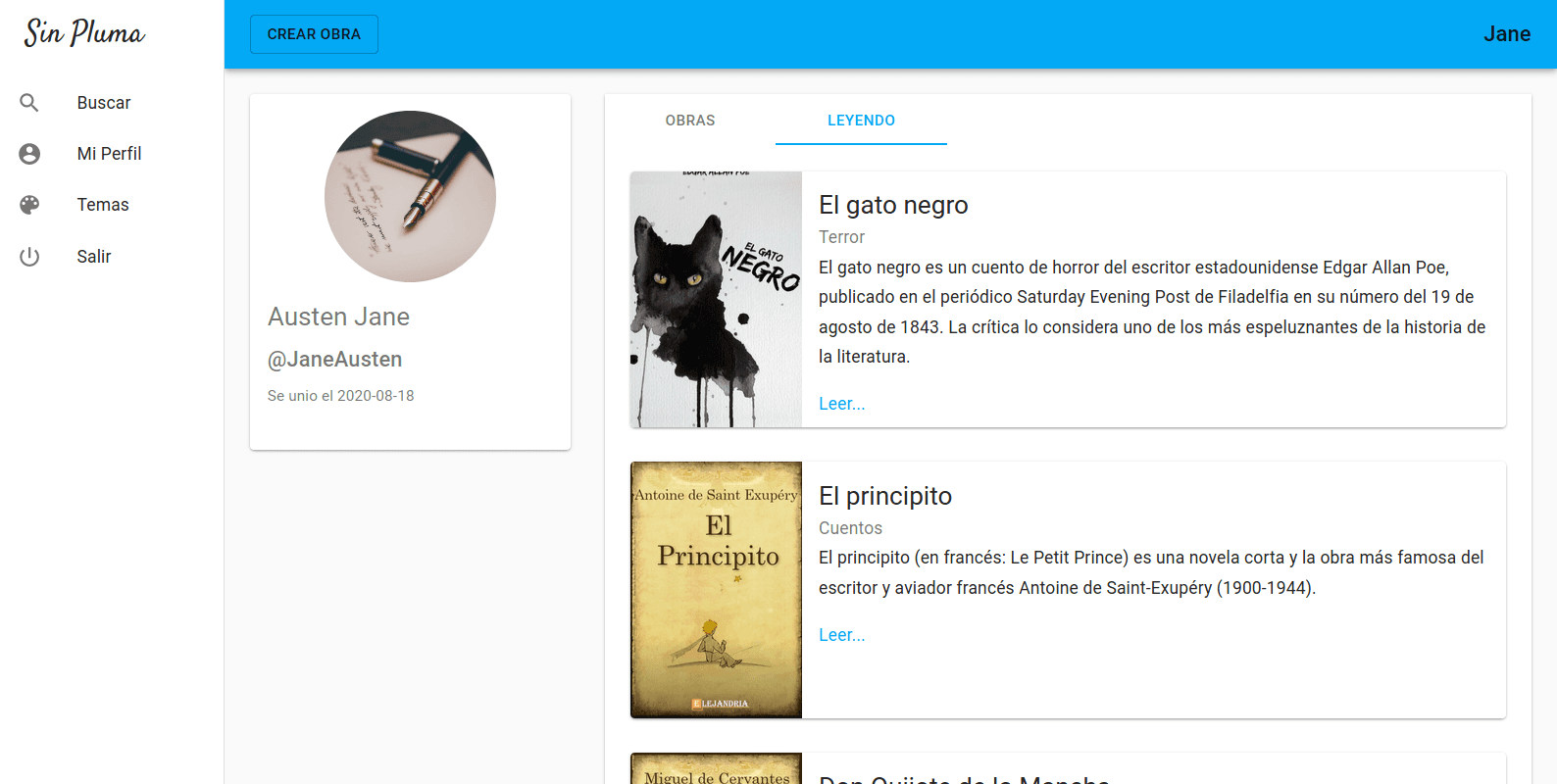Sin Pluma reader profile with a reading list
