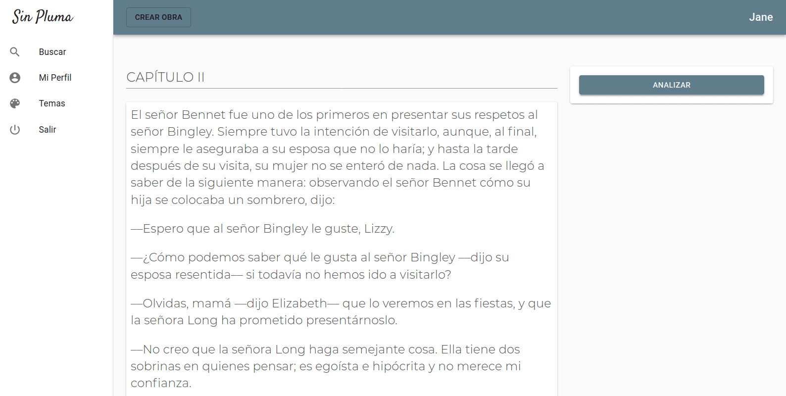 Sin Pluma rich-text editor showing a chapter with an analysis action