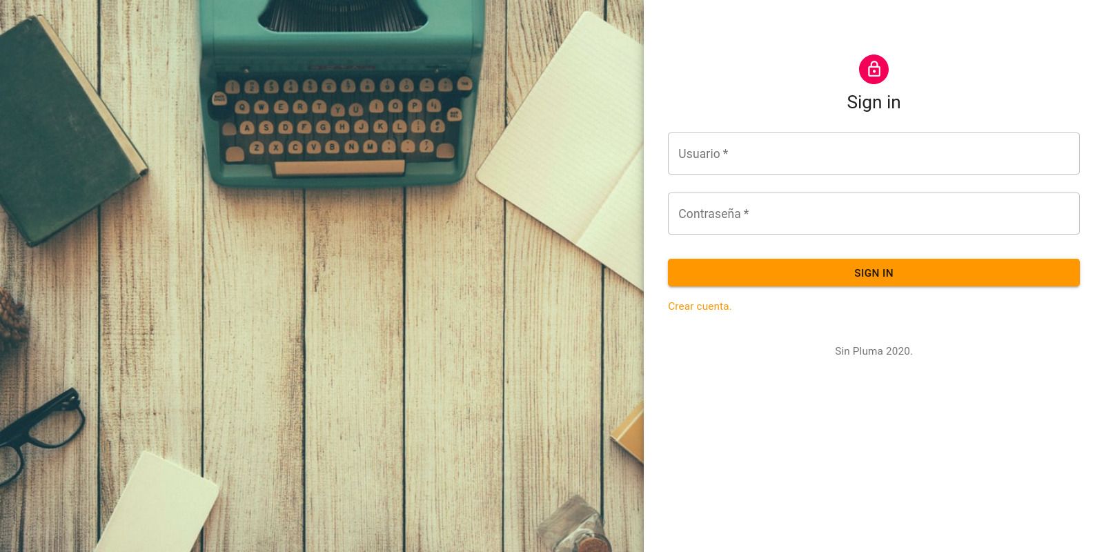Sin Pluma sign-in page with username and password fields