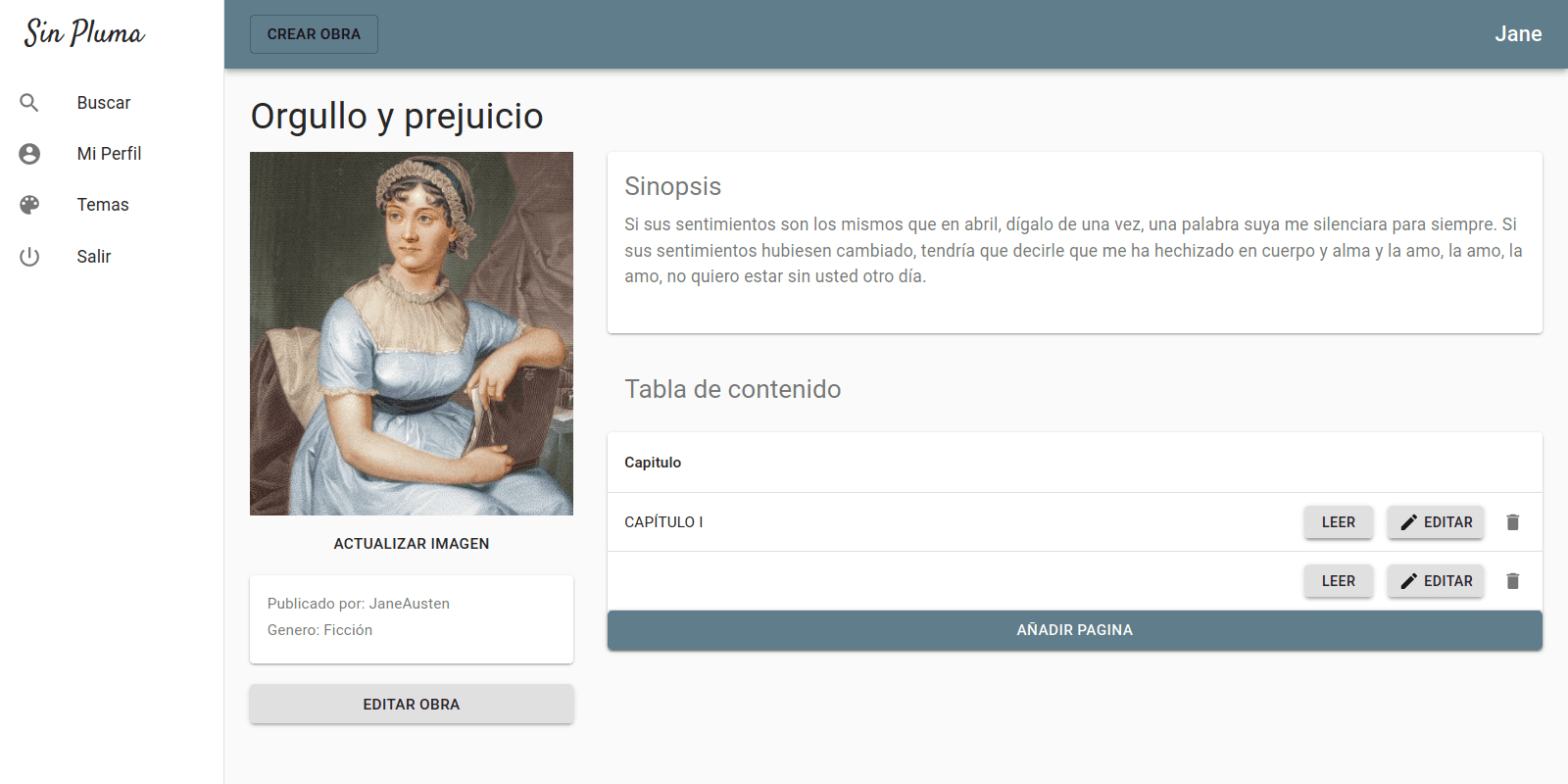 Sin Pluma author view of Orgullo y prejuicio with chapter editing