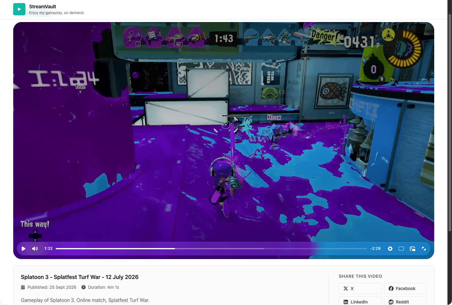 StreamVault video page playing a Splatoon 3 Turf War match with title, publish date, duration, and share buttons below