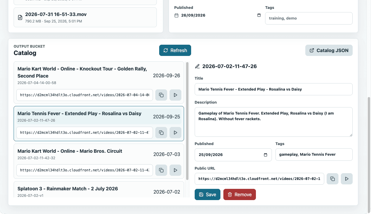 The private manager page listing uploaded recordings
