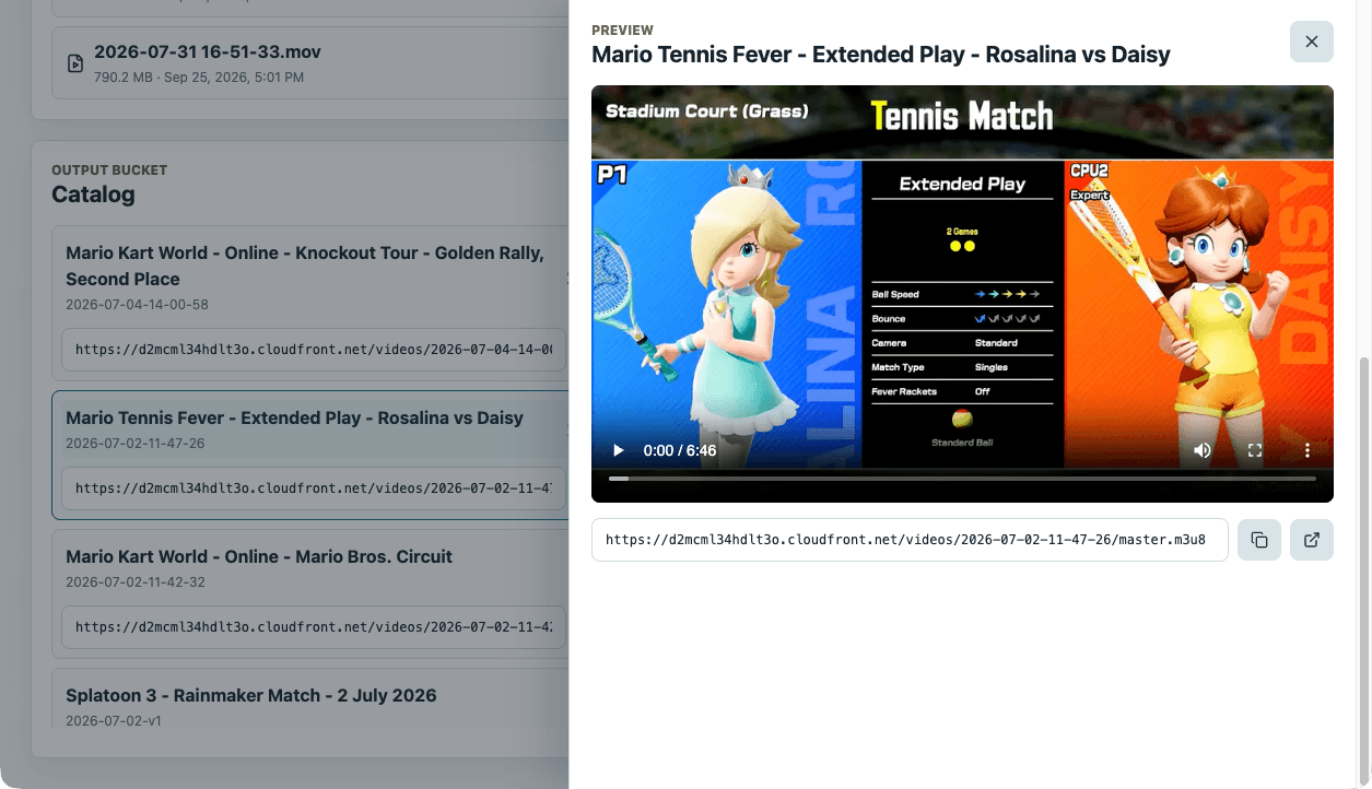 Preview drawer playing a Mario Tennis Fever match with the master.m3u8 URL below the player